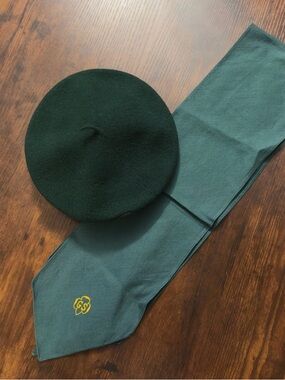 Vintage Wool Girl Scout Green Beret Hat and Neckerchief Mid Century